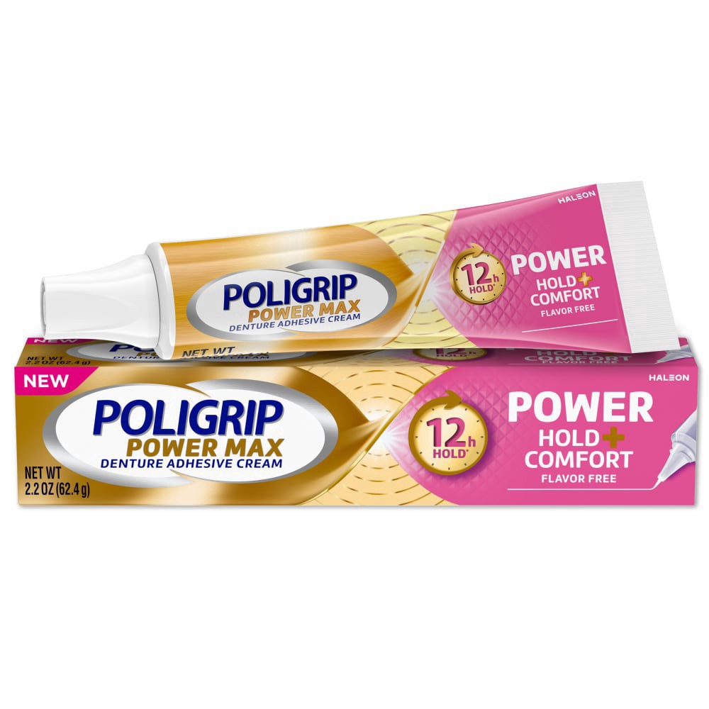 slide 4 of 6, Poligrip Denture Adhesive, Power Max Hold + Comfort Denture Adhesive Cream, 2.2 oz