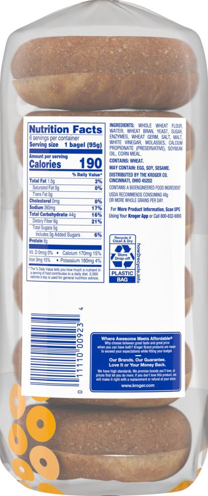 slide 2 of 6, Kroger 100% Whole Wheat Pre-Sliced Bagels, 1 ct