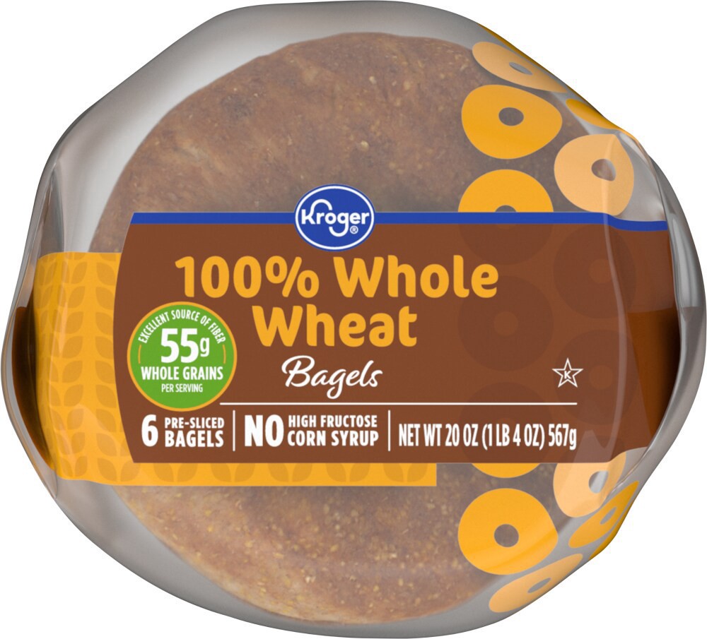 slide 3 of 6, Kroger 100% Whole Wheat Pre-Sliced Bagels, 1 ct