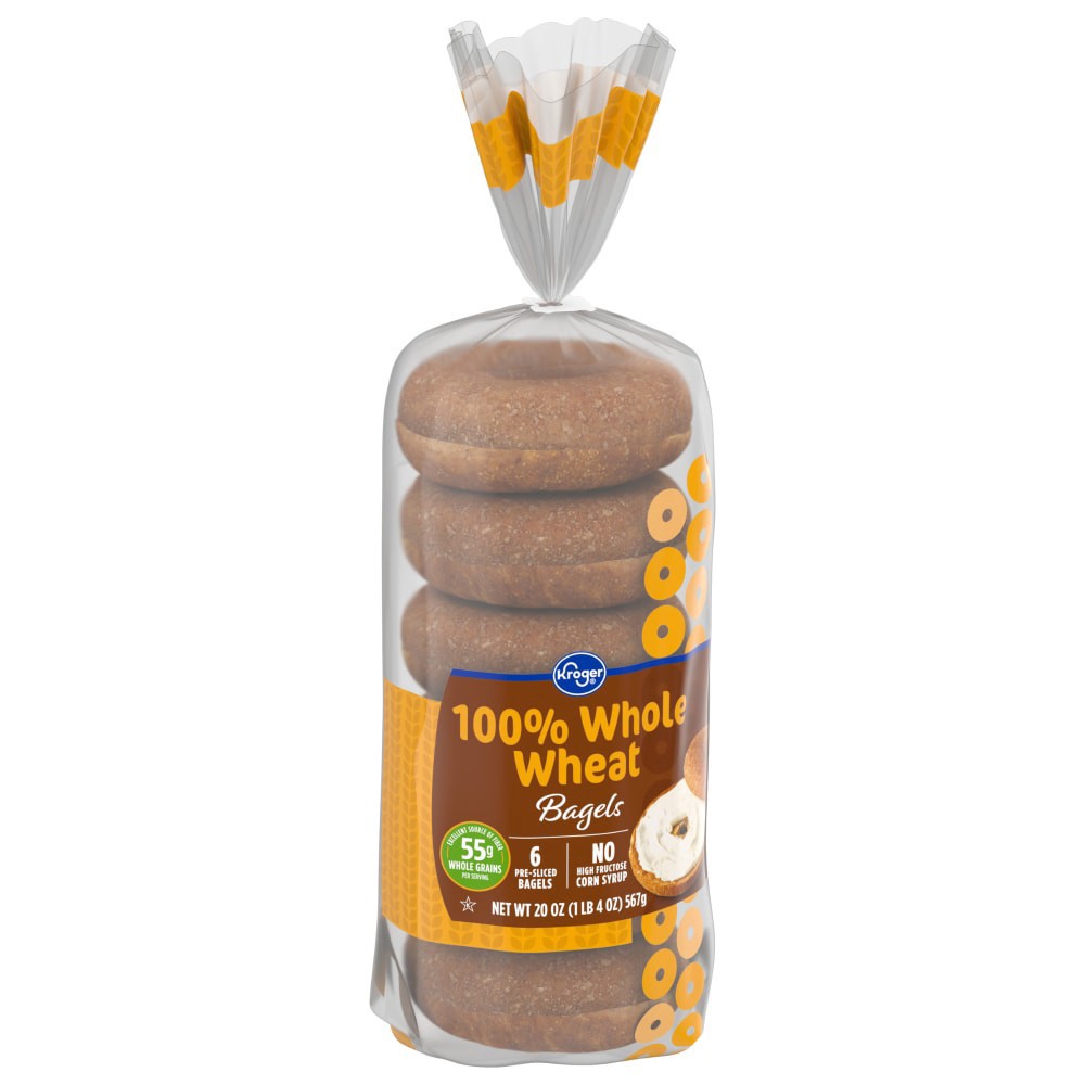 slide 1 of 6, Kroger 100% Whole Wheat Pre-Sliced Bagels, 1 ct