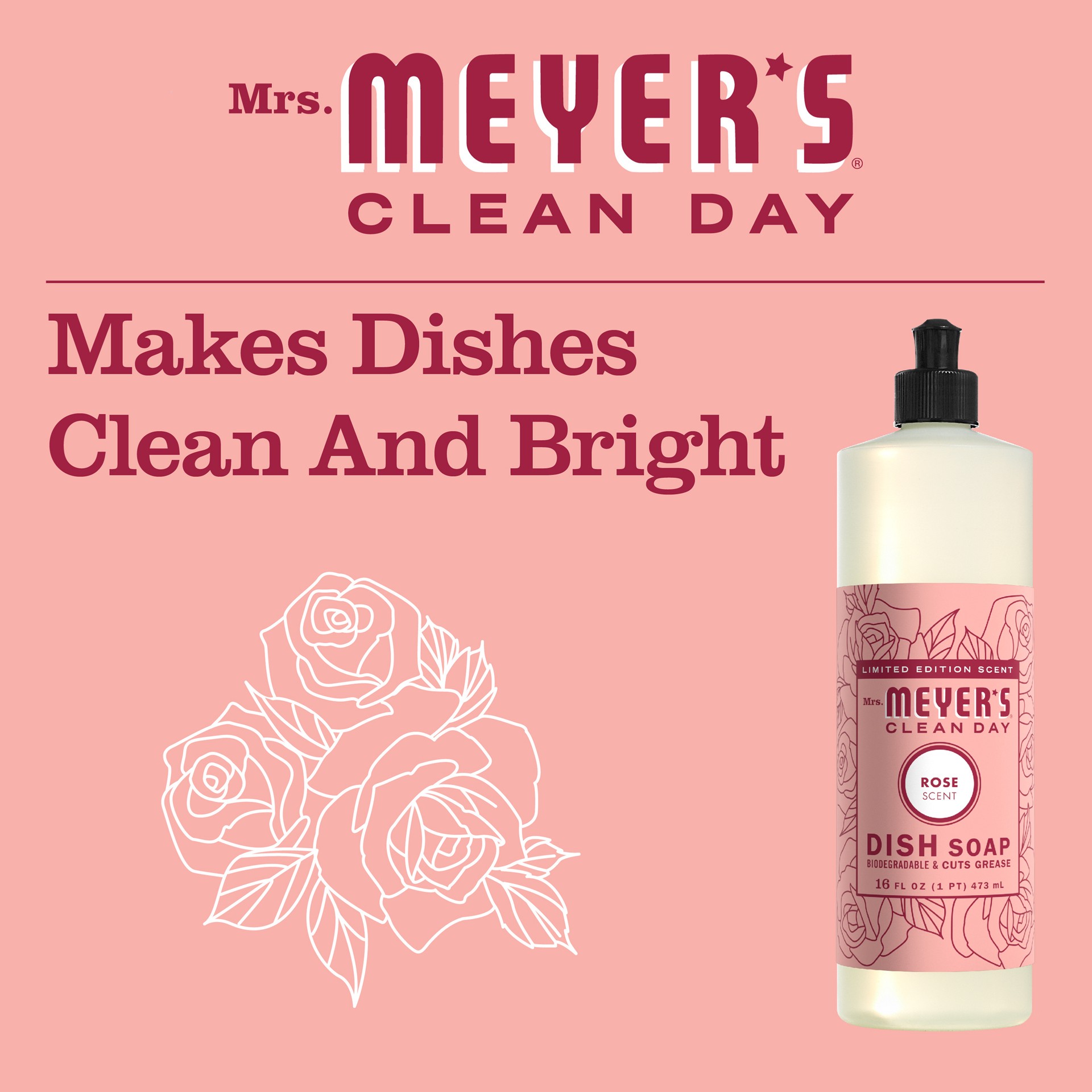 slide 2 of 9, Mrs. Meyer's Clean Day Liquid Dish Soap, Rose Scent, 16 Ounce Bottle, 16 fl oz