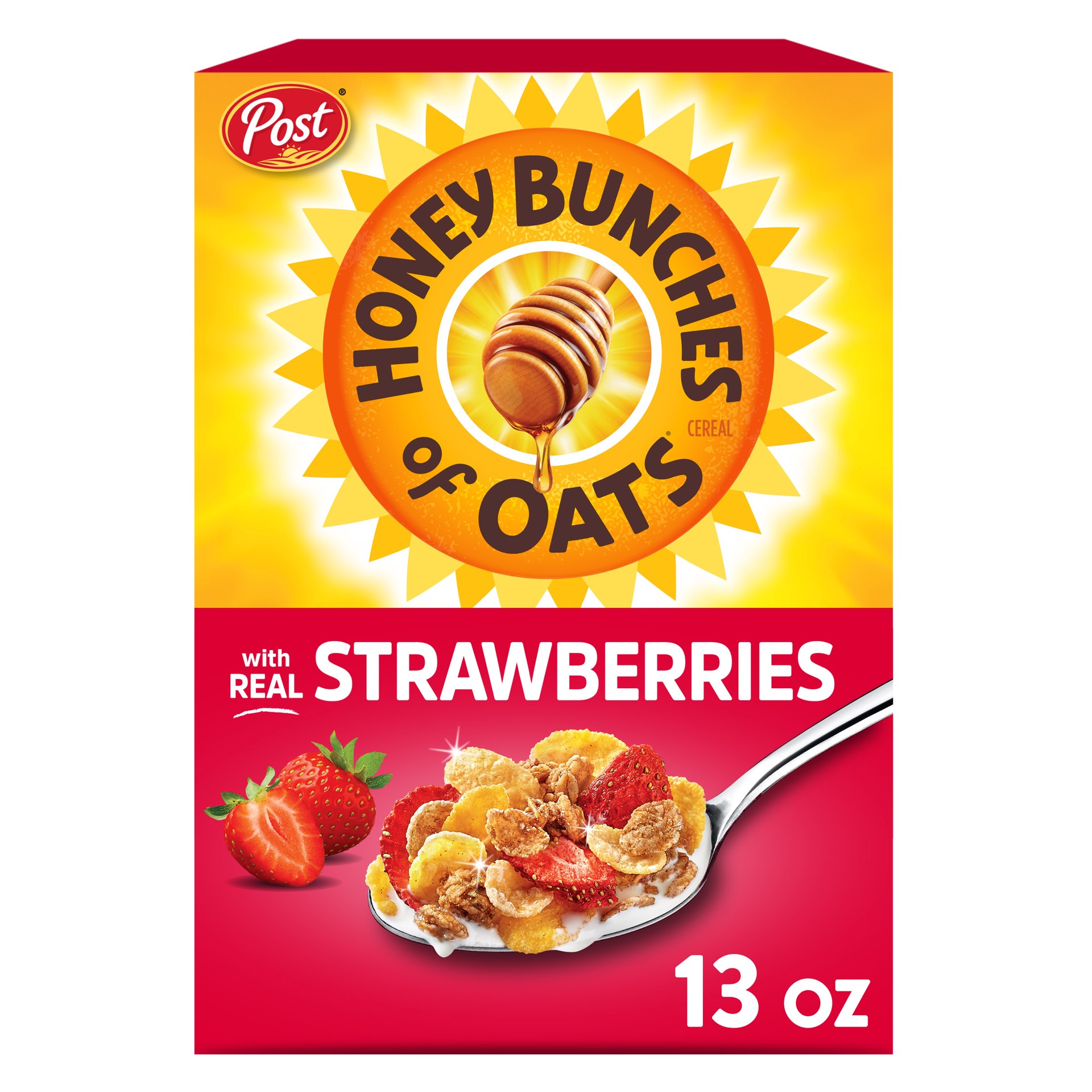 slide 1 of 13, Post Honey Bunches of Oats with Real Strawberries Cereal, Heart Healthy, Low Fat, made with Whole Cereal, 13 Ounce, 13 oz