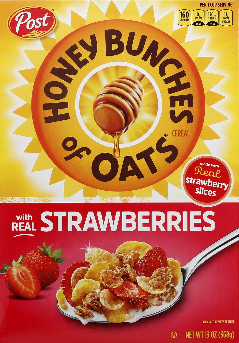 slide 8 of 13, Post Honey Bunches of Oats with Real Strawberries Cereal, Heart Healthy, Low Fat, made with Whole Cereal, 13 Ounce, 13 oz