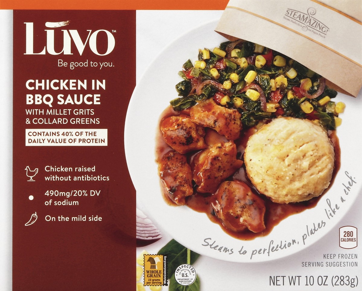 slide 1 of 4, Luvo Chicken In BBQ Sauce With Millet Grits & Collard Greens, 10 oz