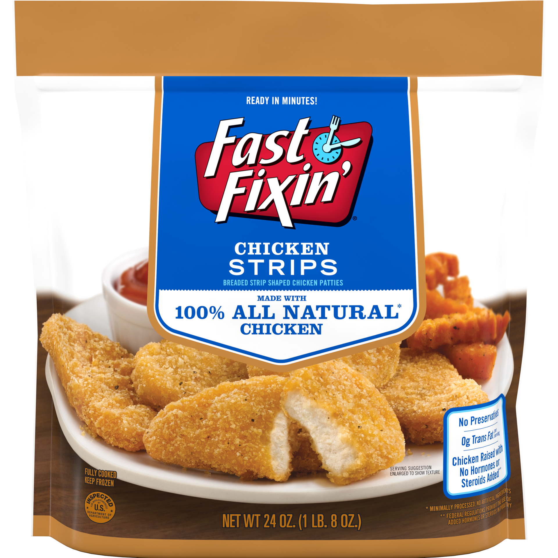 slide 1 of 3, Fast Fixin' Chicken Breast Strips, 24 oz (Frozen), 680.39 g