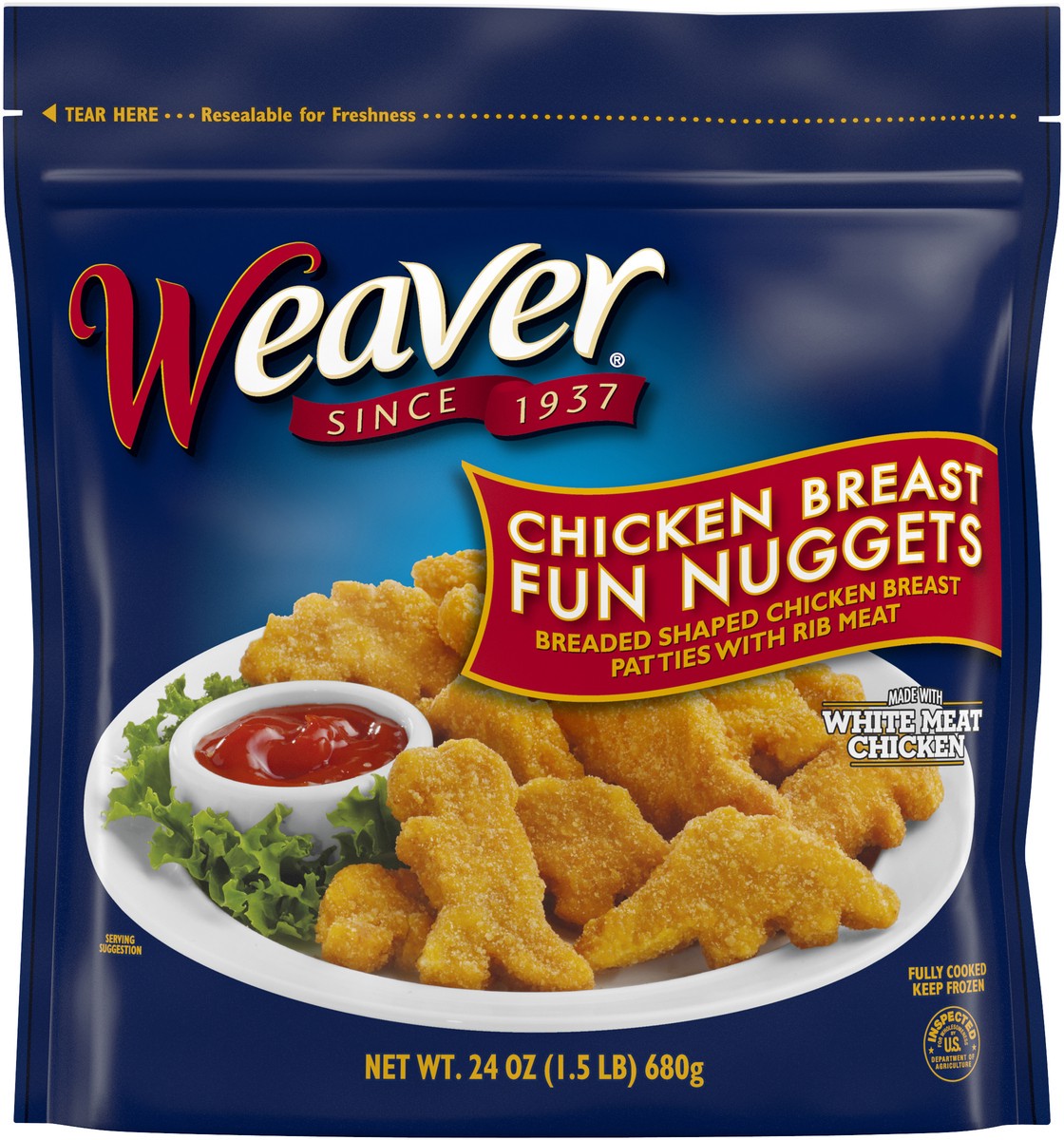 slide 5 of 6, Weaver Fully Cooked Chicken Breast Fun Nuggets, 1.5 lb. (Frozen), 680.39 g