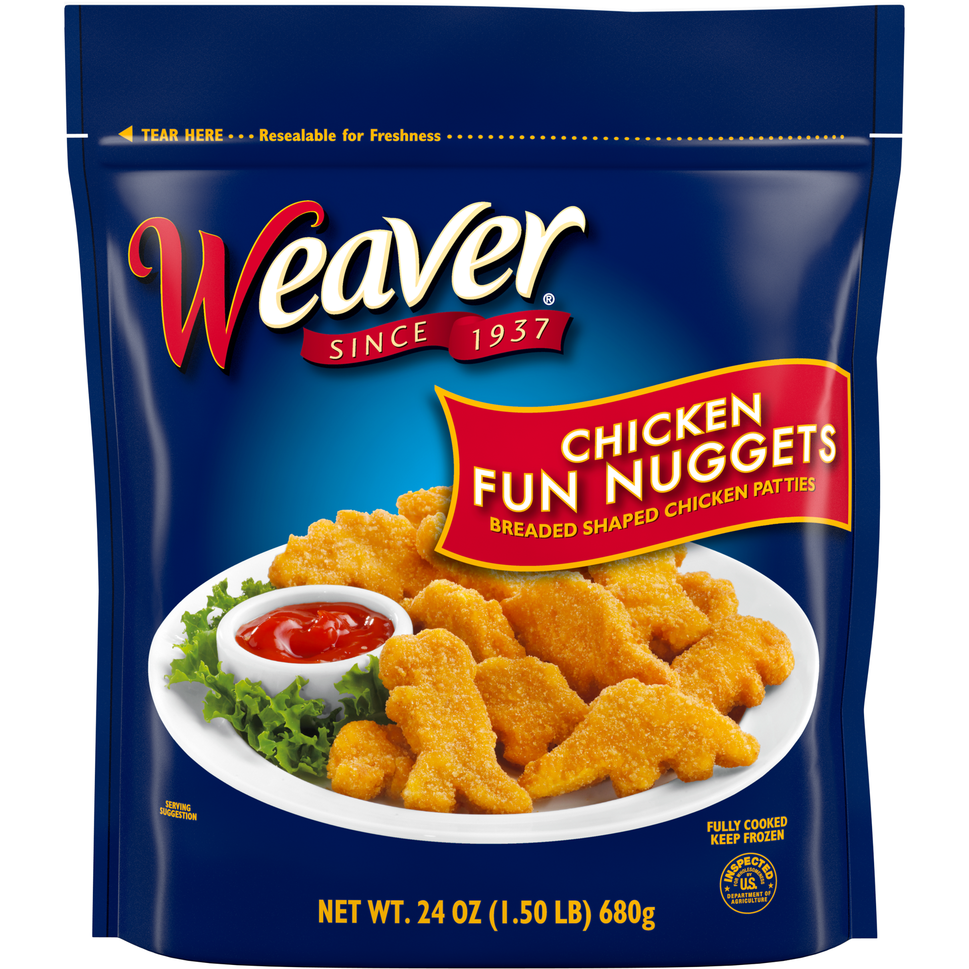 slide 1 of 6, Weaver Fully Cooked Chicken Breast Fun Nuggets, 1.5 lb. (Frozen), 680.39 g