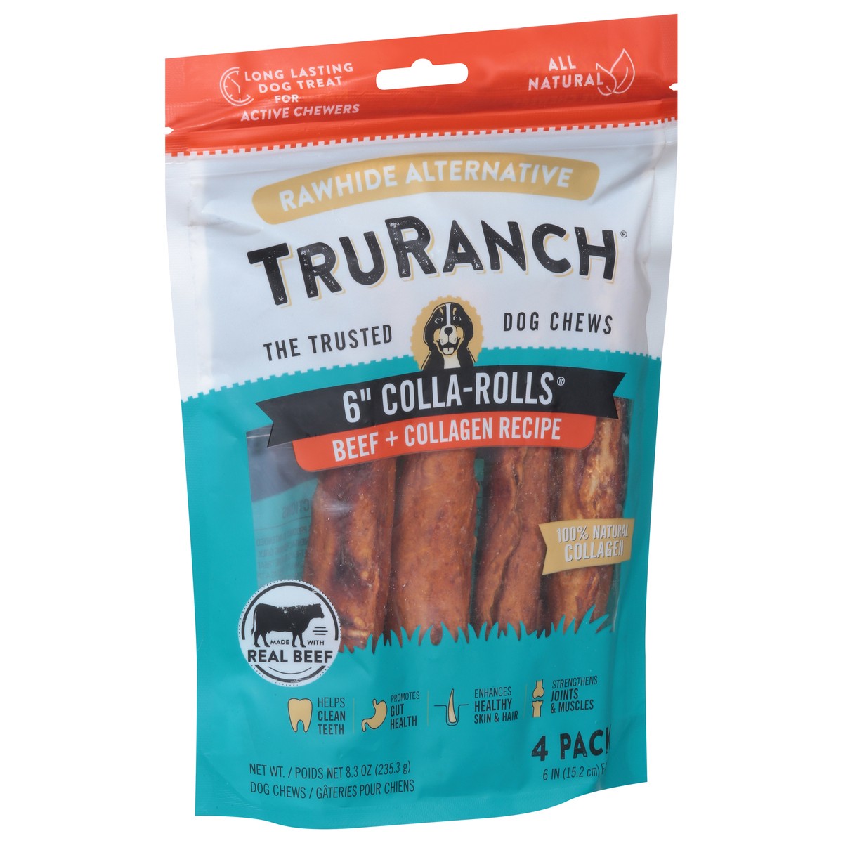 slide 5 of 9, TruRanch 6 Inch Colla-Rolls Beef + Collagen Recipe Dog Chews 4 ea, 4 ct