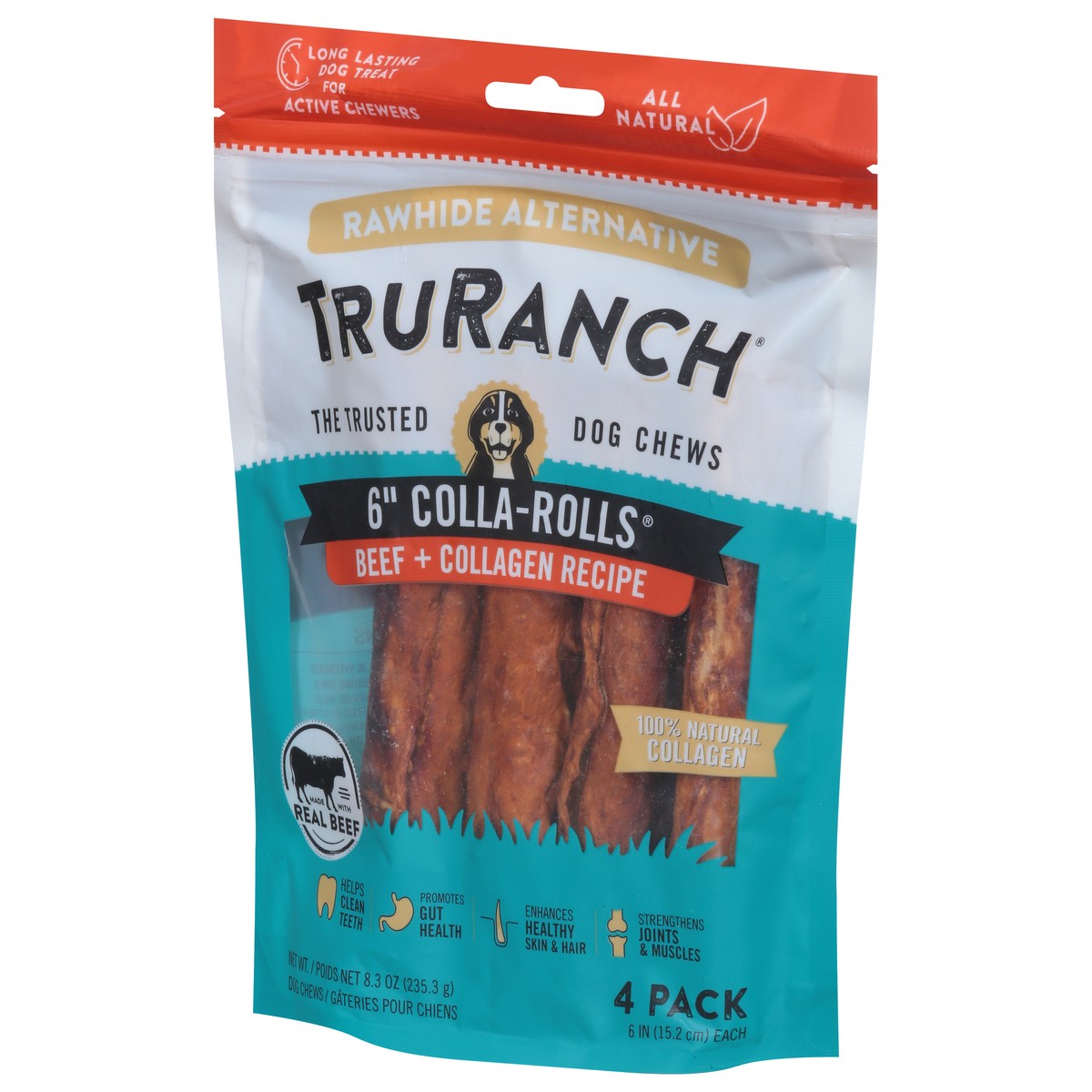 slide 4 of 9, TruRanch 6 Inch Colla-Rolls Beef + Collagen Recipe Dog Chews 4 ea, 4 ct