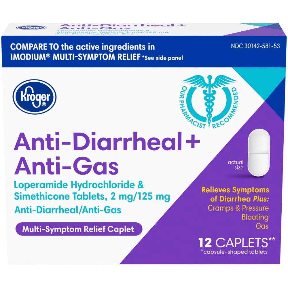 slide 2 of 3, Kroger Anti-Diarrheal + Anti-Gas Multi-Symptom Relief Caplets, 12 ct
