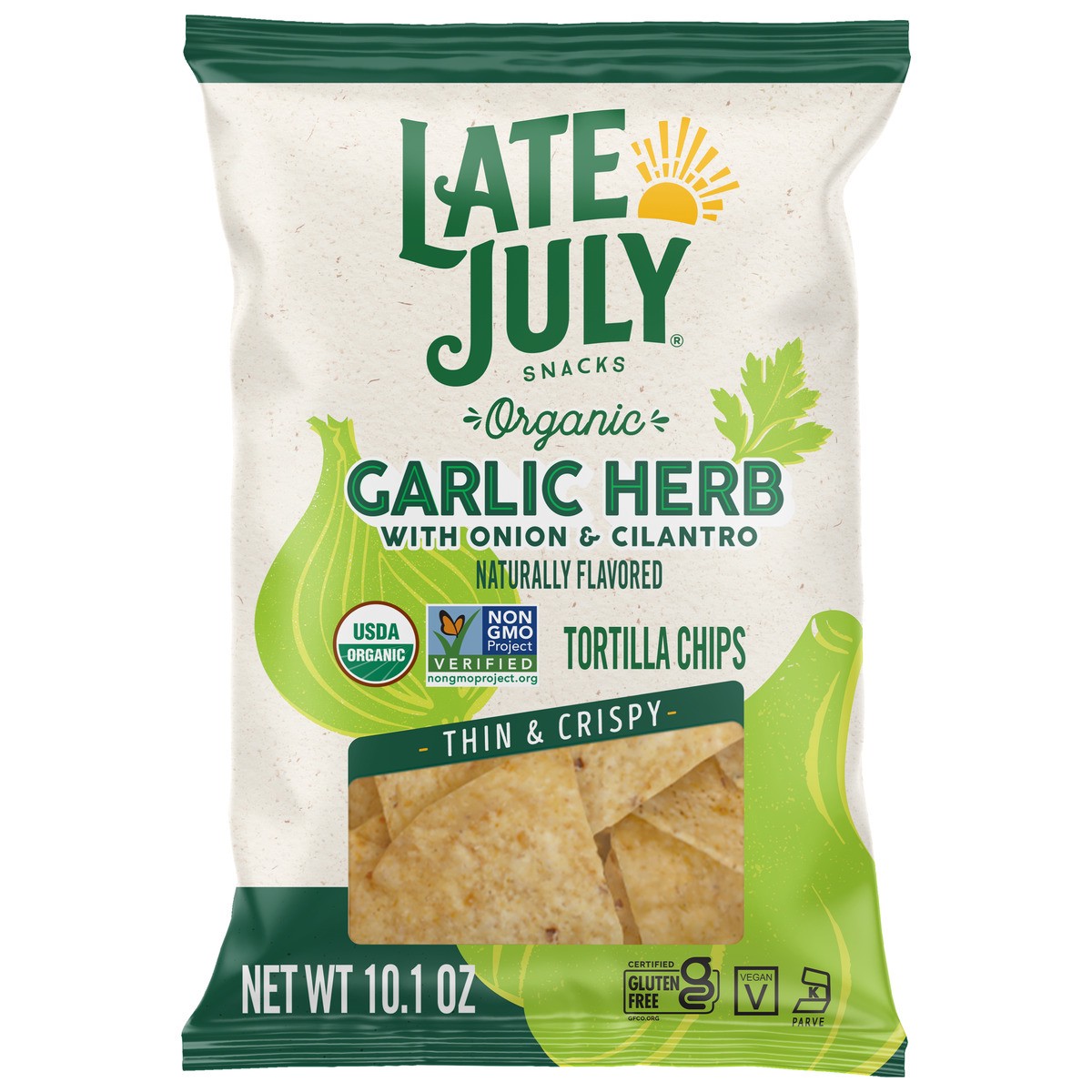 slide 1 of 6, Late July Snacks Garlic Herb Organic Tortilla Chips, 10.1 oz Bag, 10.1o