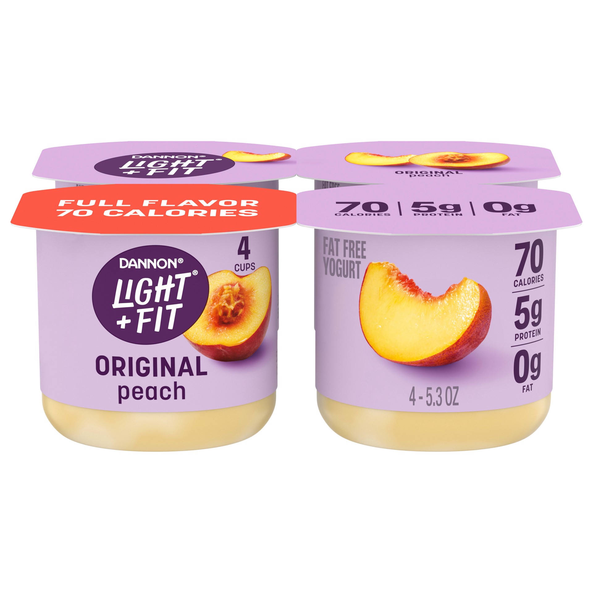 slide 1 of 10, Light + Fit Dannon Light + Fit Peach Original Nonfat Yogurt Pack, 0 Fat and 70 Calories, Creamy and Delicious Peach Yogurt, 4 Ct, 5.3 OZ Cups, 5.3 oz