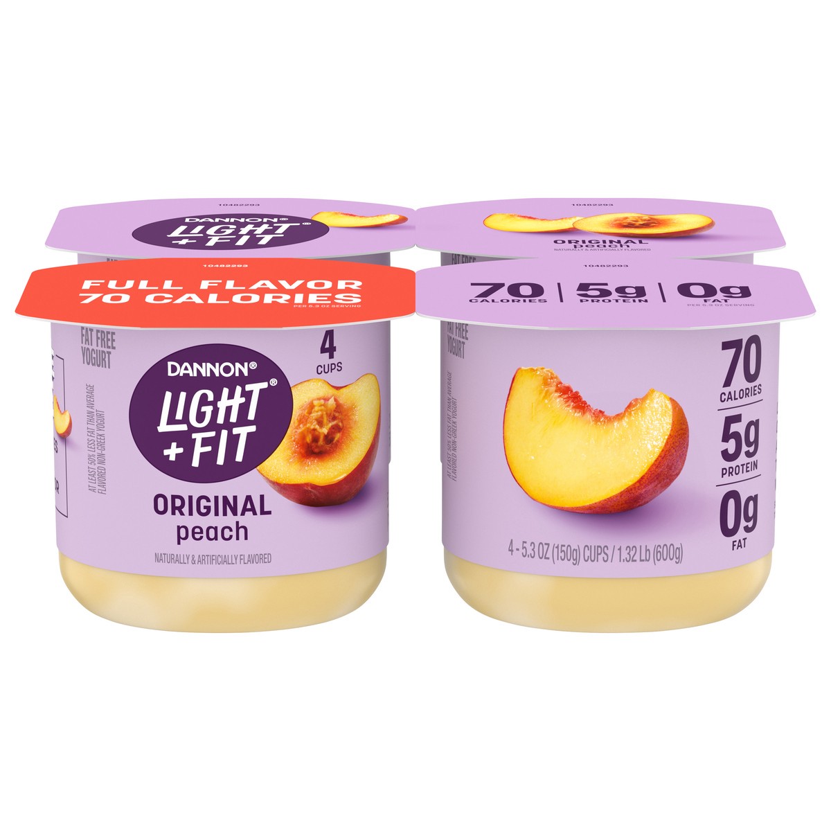 slide 1 of 10, Light + Fit Dannon Light + Fit Peach Original Nonfat Yogurt Pack, 0 Fat and 70 Calories, Creamy and Delicious Peach Yogurt, 4 Ct, 5.3 OZ Cups, 5.3 oz