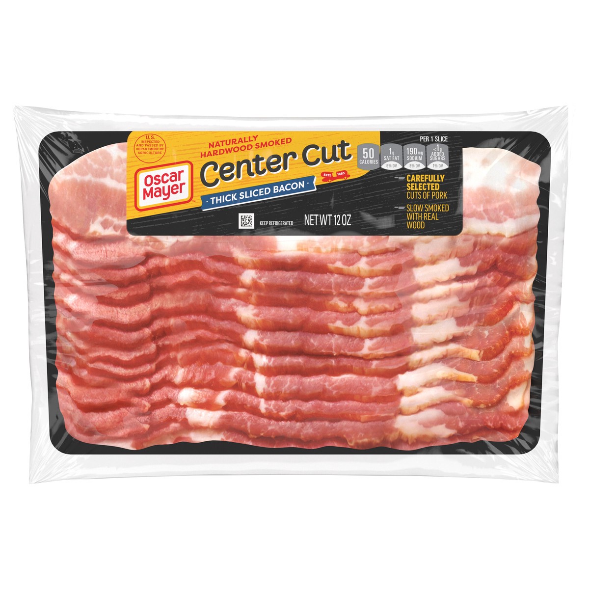 slide 1 of 4, Oscar Mayer Center Cut Thick Sliced Bacon, 12 oz Pack, 11-13 slices, 12 oz