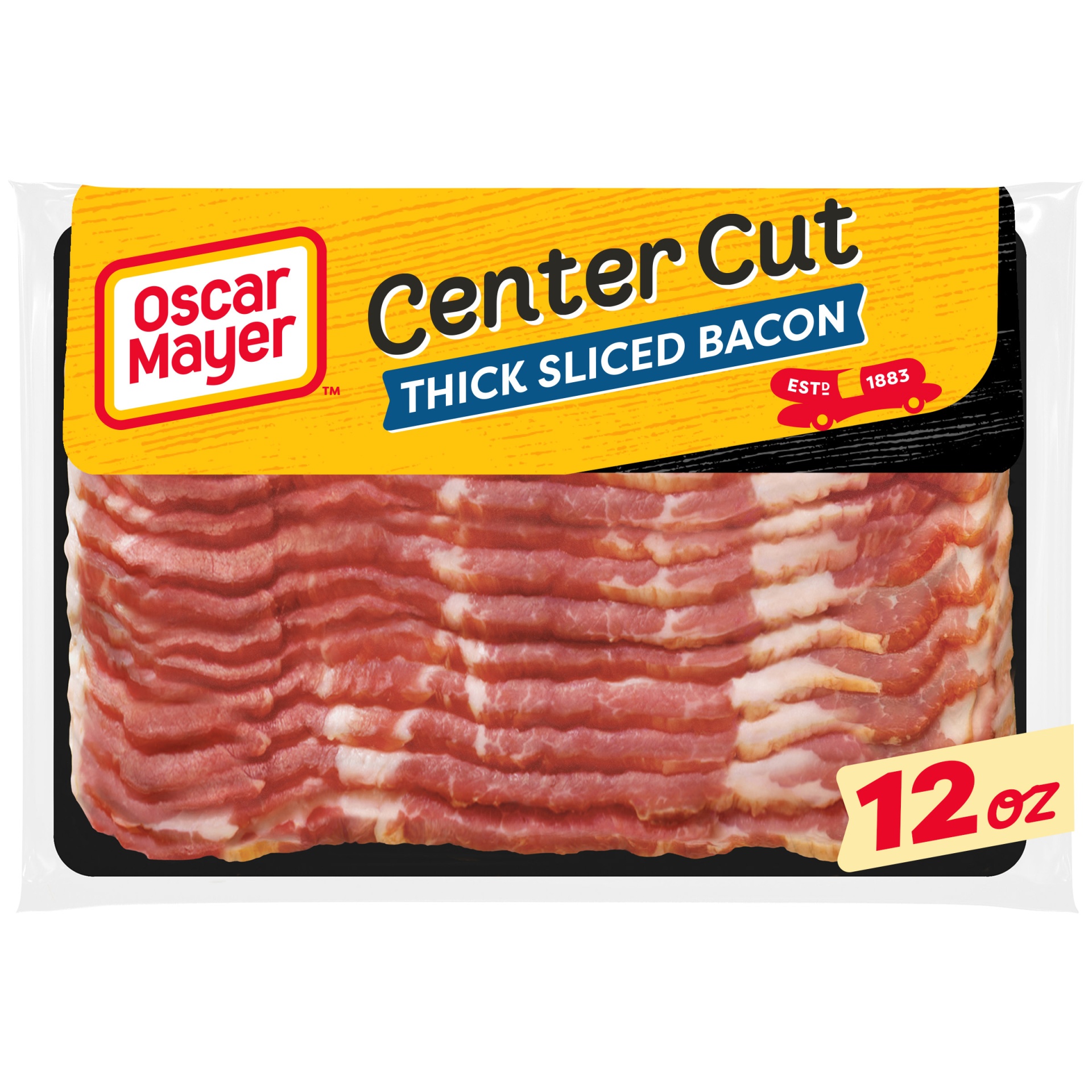 slide 1 of 7, Oscar Mayer Center Cut Thick Sliced Bacon Pack, 11-13 slices, 12 oz