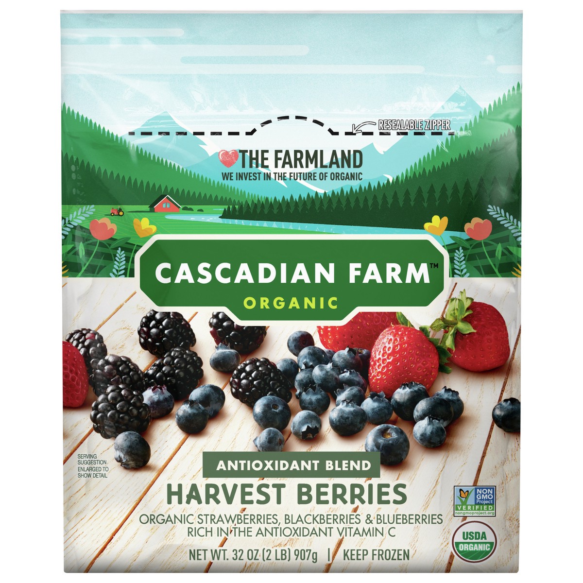 slide 1 of 10, Cascadian Farm Organic Harvest Berries Antioxidant Blend, Non-GMO, Frozen Mixed Berries, 32 oz., 32 oz