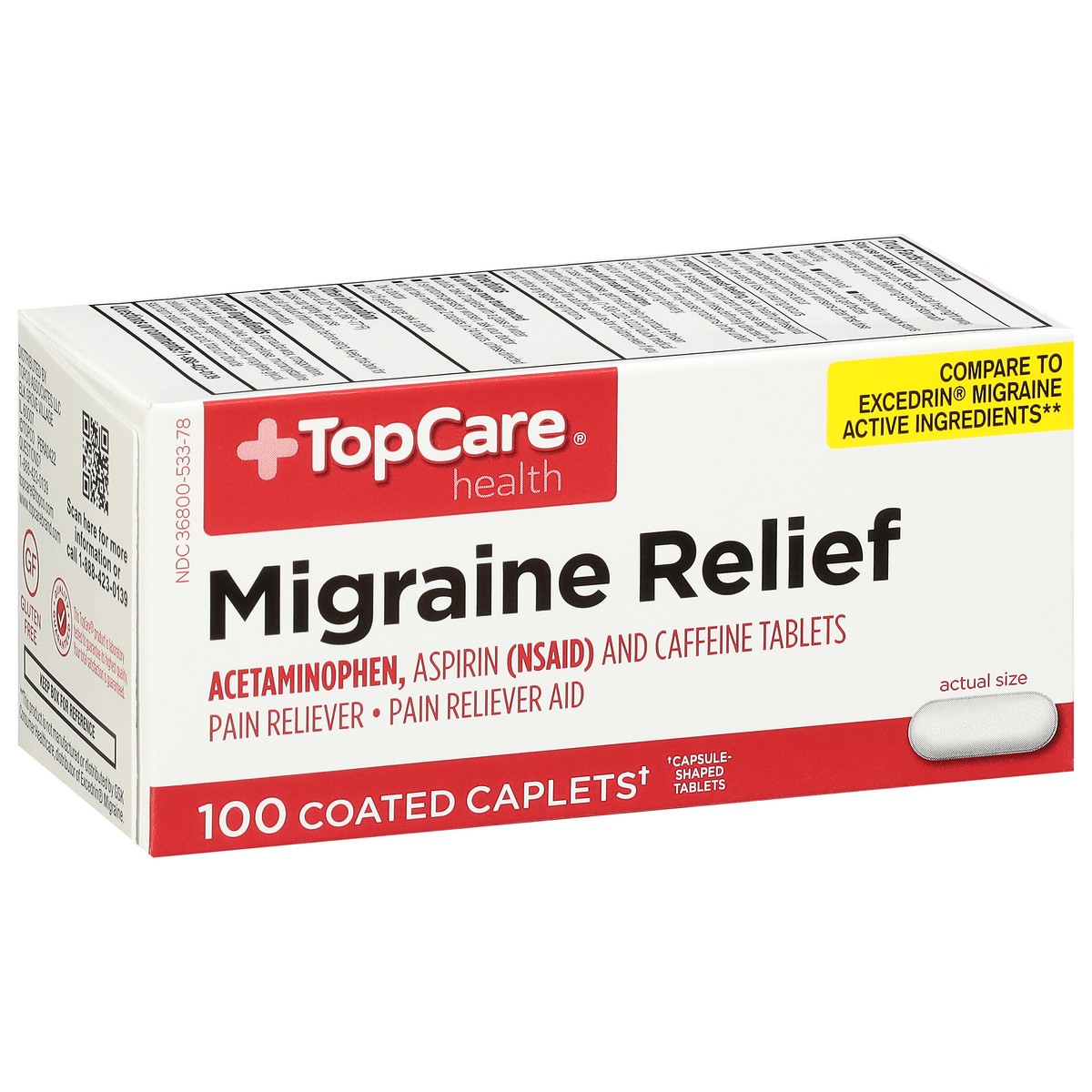 slide 9 of 10, TopCare Migraine Formula, With Caffeine, Coated Caplets, 100 ct