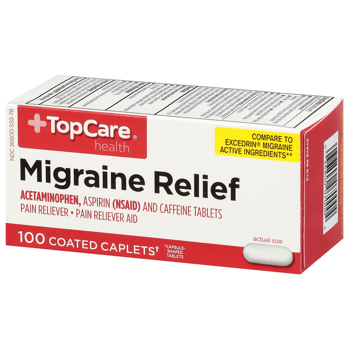 slide 8 of 10, TopCare Migraine Formula, With Caffeine, Coated Caplets, 100 ct