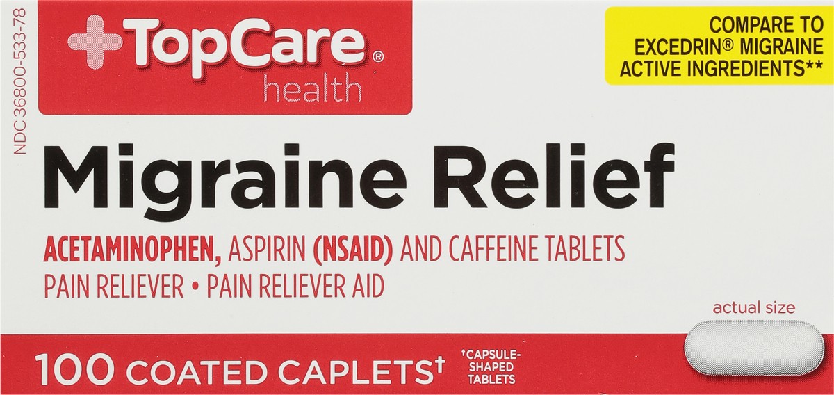 slide 5 of 10, TopCare Migraine Formula, With Caffeine, Coated Caplets, 100 ct