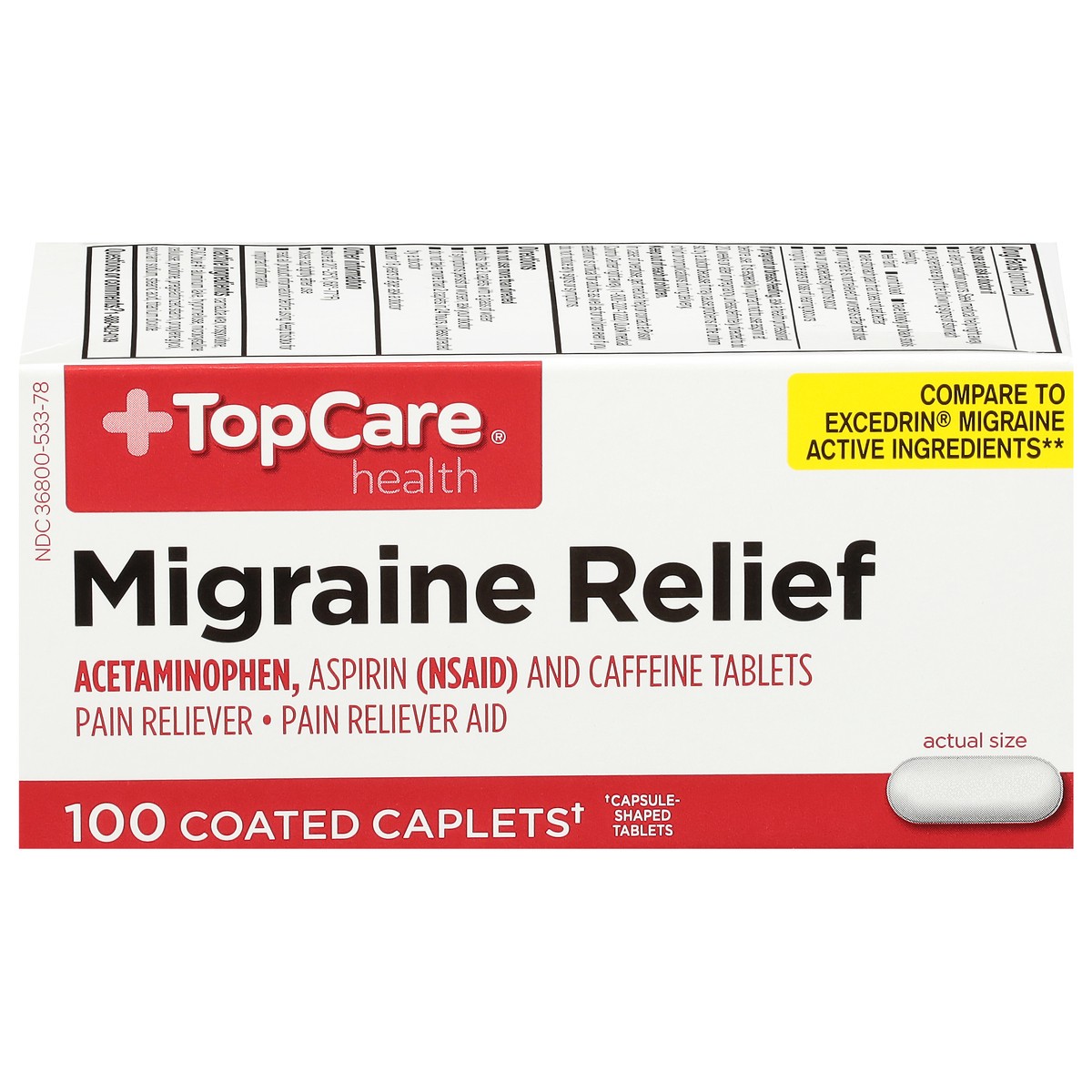 slide 7 of 10, TopCare Migraine Formula, With Caffeine, Coated Caplets, 100 ct