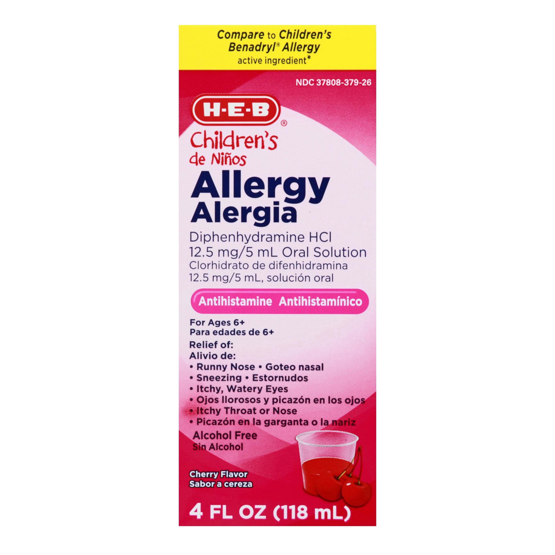 slide 1 of 1, H-E-B Children’s Allergy Relief Liquid – Cherry Flavor, 4 oz