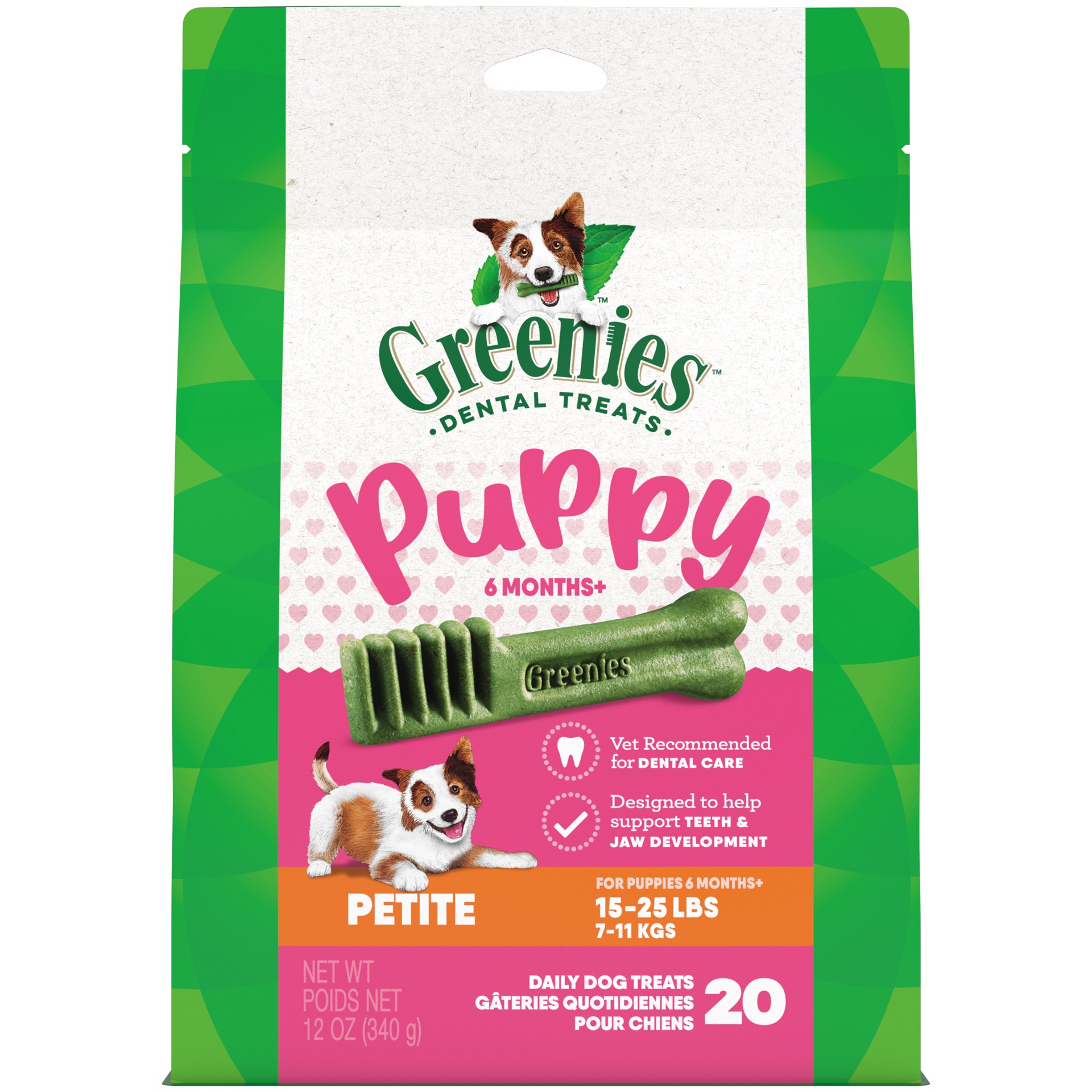 slide 1 of 4, GREENIES Puppy 6+ Months Petite Natural Dog Dental Care Chews Oral Health Dog Treats Pack (20 Treats, 12 oz