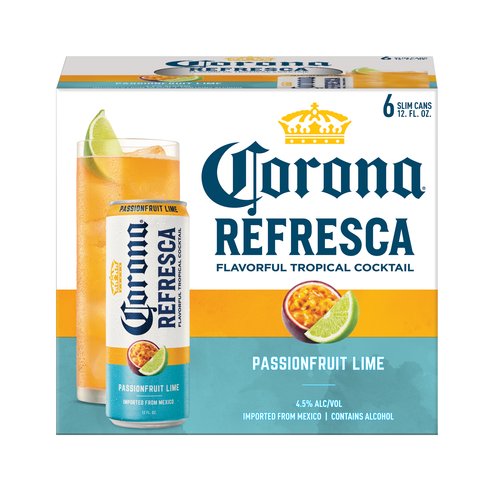 slide 1 of 5, Corona Refresca Passionfruit Lime Spiked Tropical Cocktail, 6 pk 12 fl oz Cans, 4.5% ABV, 6 ct; 12 oz