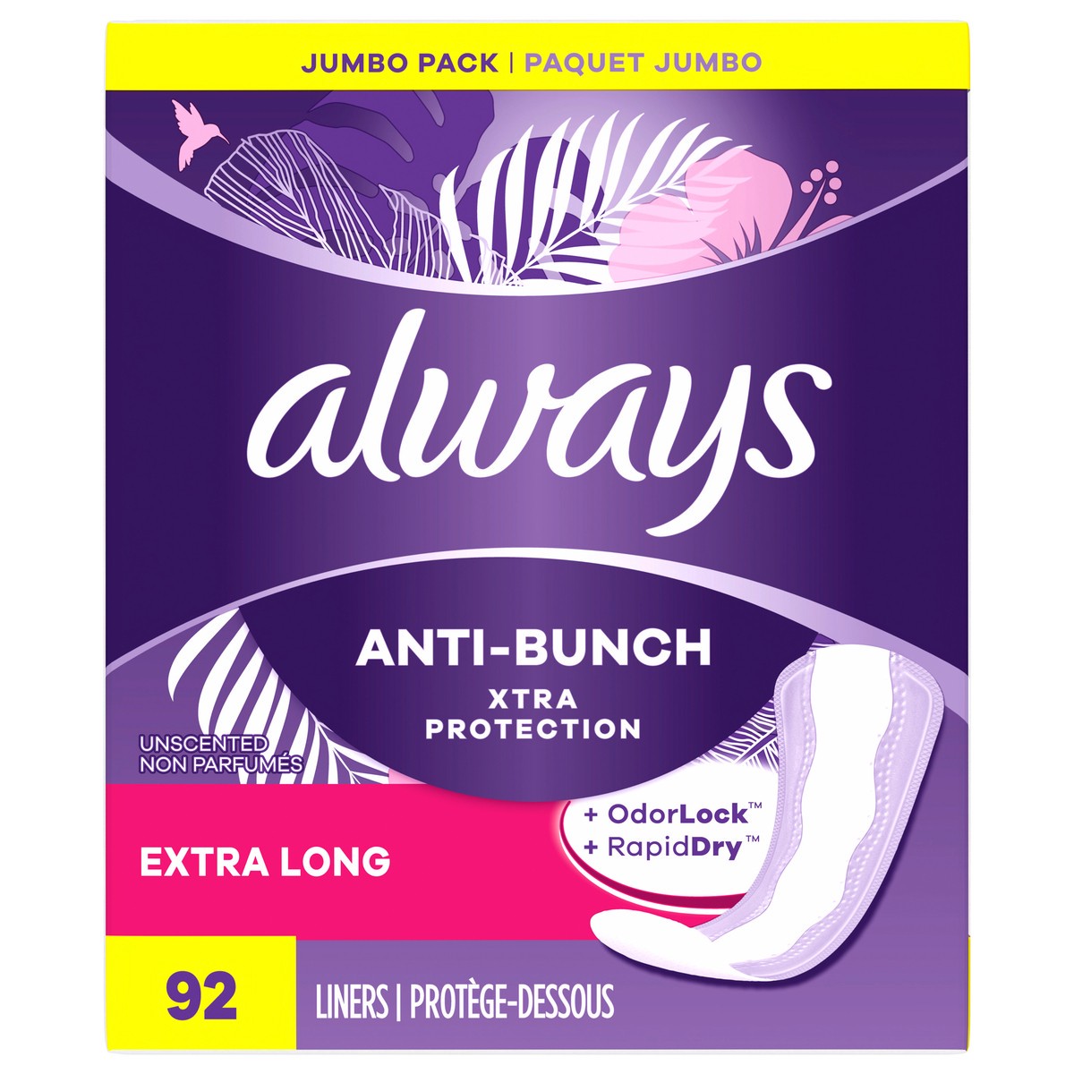 slide 5 of 6, Always Anti-Bunch Xtra Protection Daily Liners, Extra Long Length, Unscented, 92 Count, 92 ct