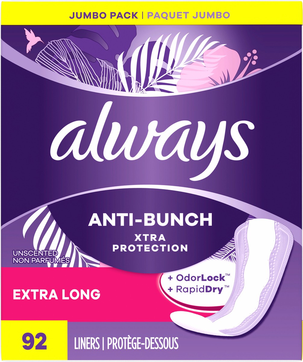 slide 6 of 6, Always Anti-Bunch Xtra Protection Daily Liners, Extra Long Length, Unscented, 92 Count, 92 ct