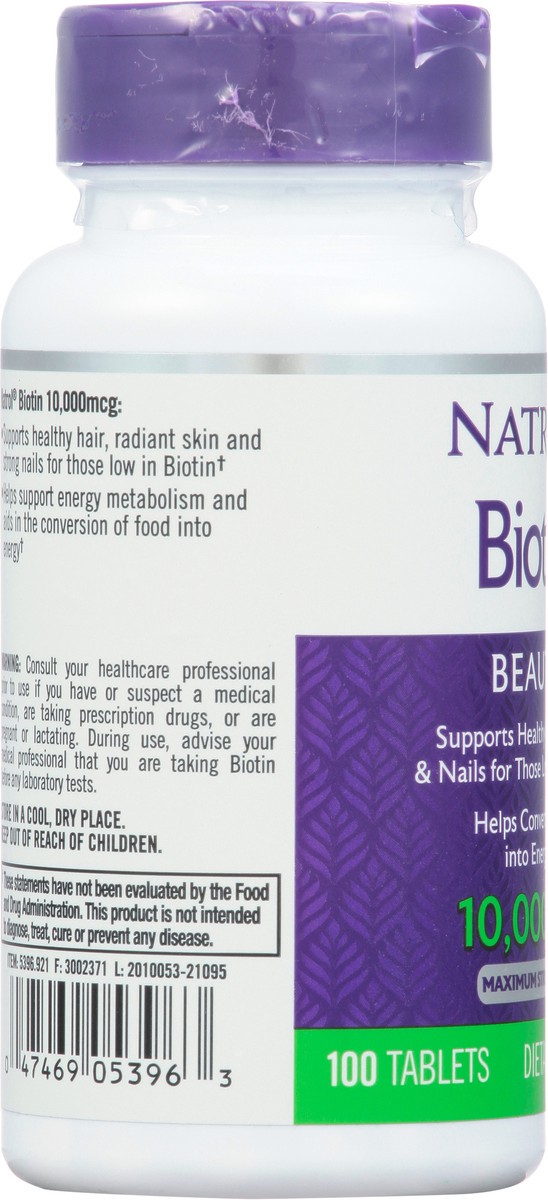 slide 8 of 14, Natrol, Biotin Tablets, Dietary Supplement, Maximum Strength, Supports Healthy Skin, Hair & Nails, 10000 mcg, 100 Count , 100 ct