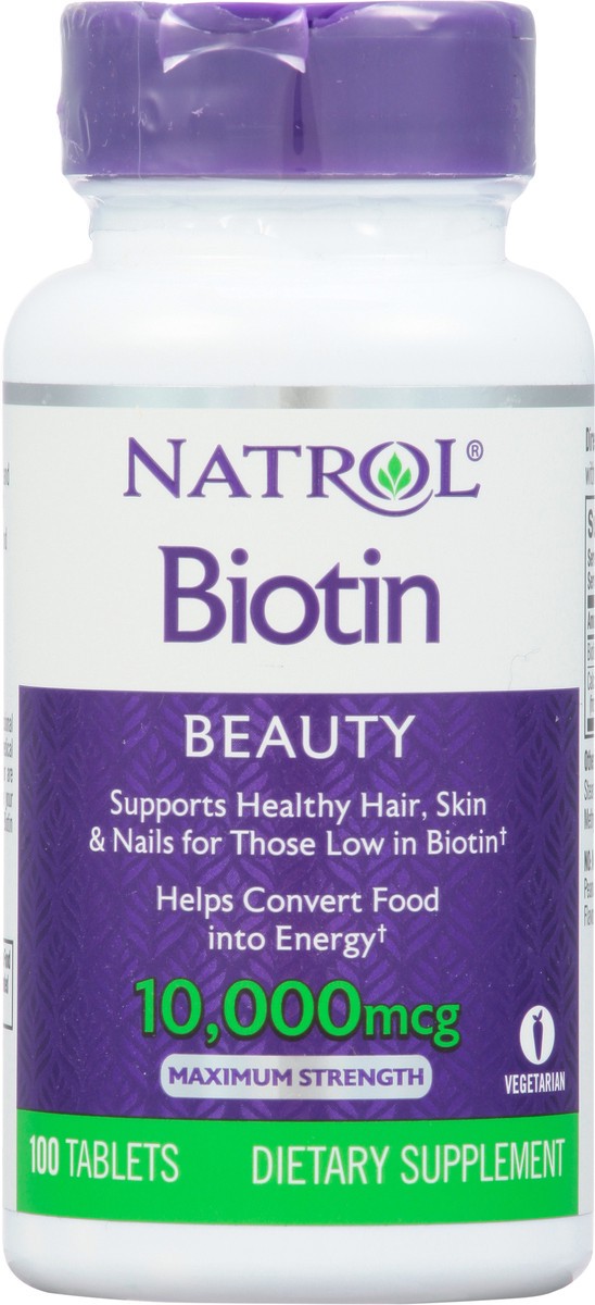 slide 14 of 14, Natrol, Biotin Tablets, Dietary Supplement, Maximum Strength, Supports Healthy Skin, Hair & Nails, 10000 mcg, 100 Count, 100 ct