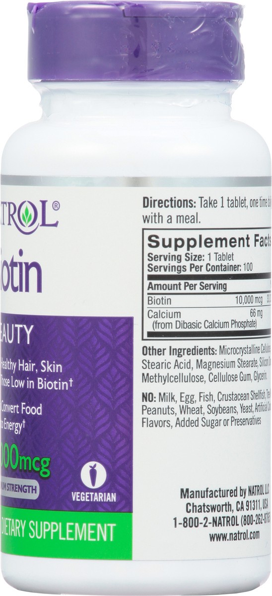 slide 2 of 14, Natrol, Biotin Tablets, Dietary Supplement, Maximum Strength, Supports Healthy Skin, Hair & Nails, 10000 mcg, 100 Count, 100 ct