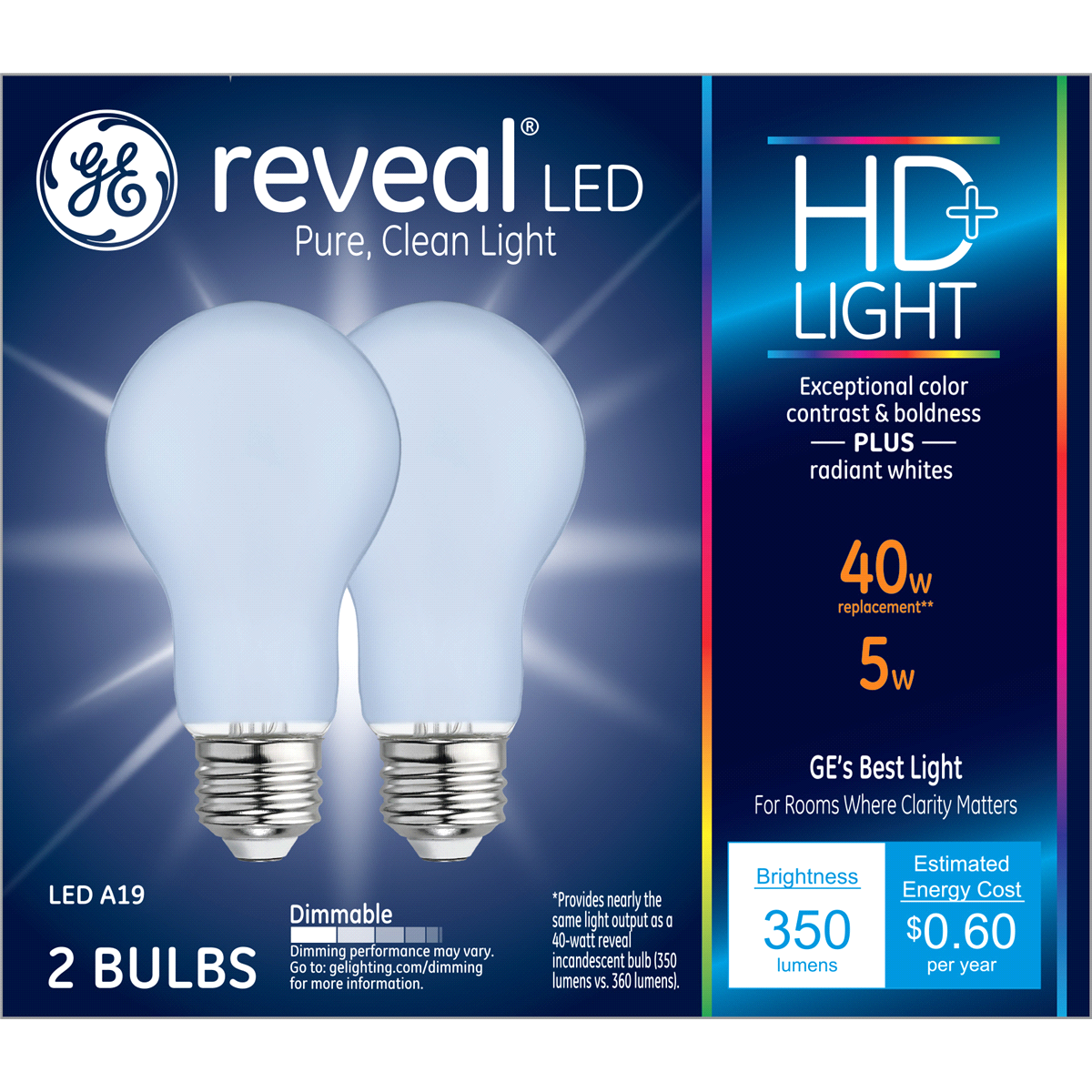 slide 1 of 1, GE Reveal 40 W Equivalent Dimmable Color-enhancing A19 LED Light Fixture Light Bulbs, 2 ct