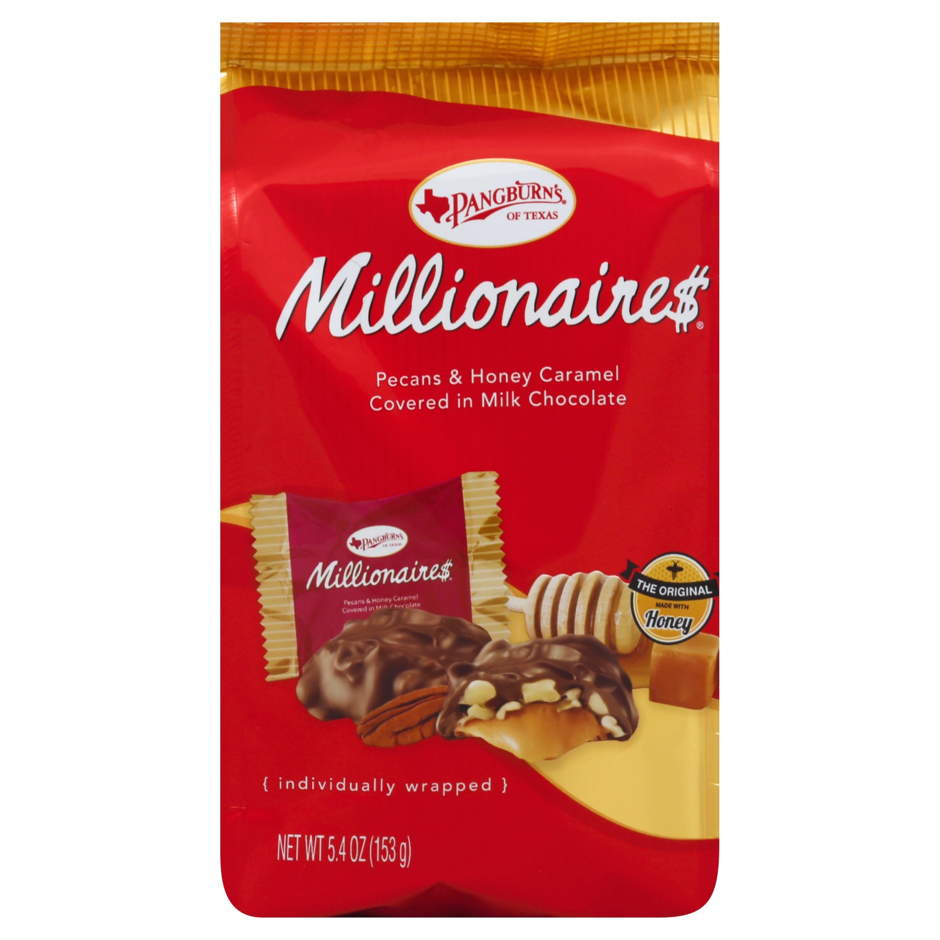 slide 1 of 1, Pangburn's Millionaire$ Pecans & Honey Caramel Covered in Milk Chocolate Mini Gusset Bag, 6 oz
