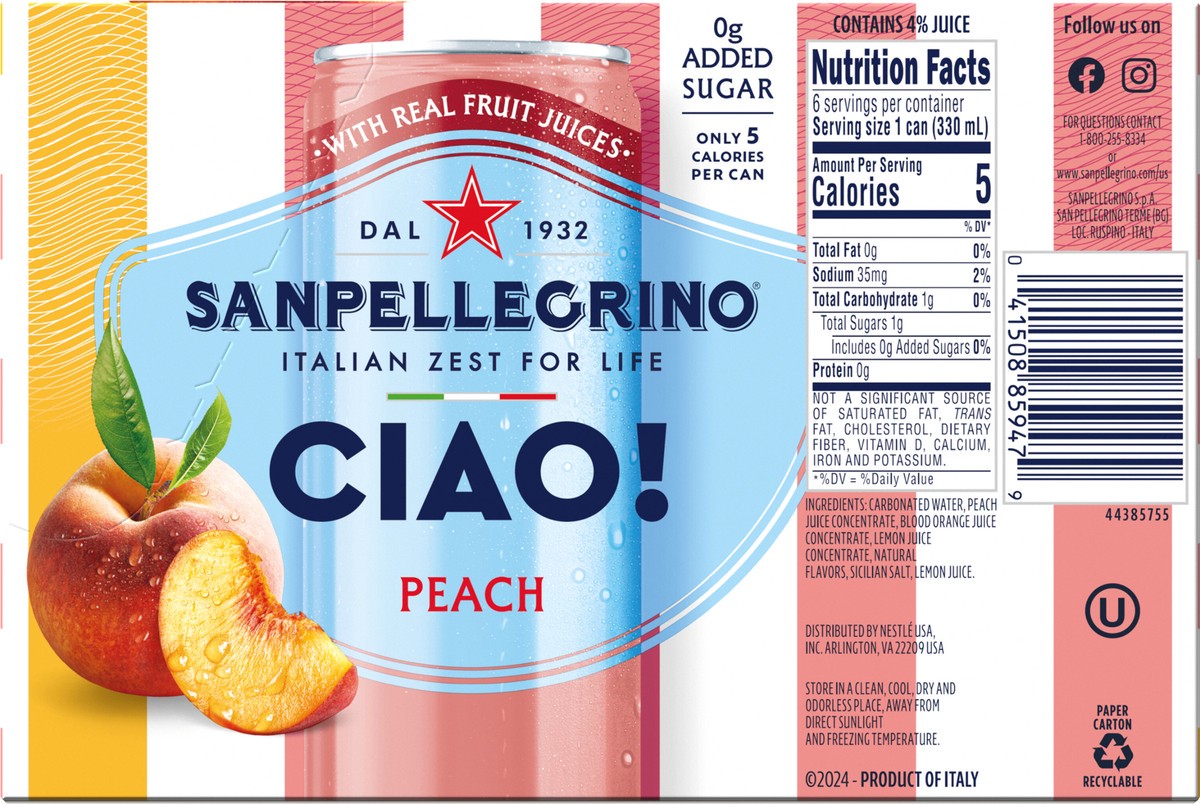 slide 7 of 12, San Pellegrino CIAO! Peach Sparkling Water, Low-Cal, 0g Added Sugar, 6-Pack, 6 ct; 11.1 oz