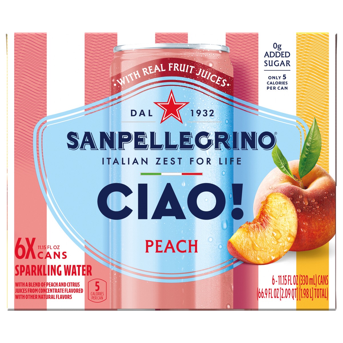 slide 9 of 12, San Pellegrino CIAO! Peach Sparkling Water, Low-Cal, 0g Added Sugar, 6-Pack, 6 ct; 11.1 oz