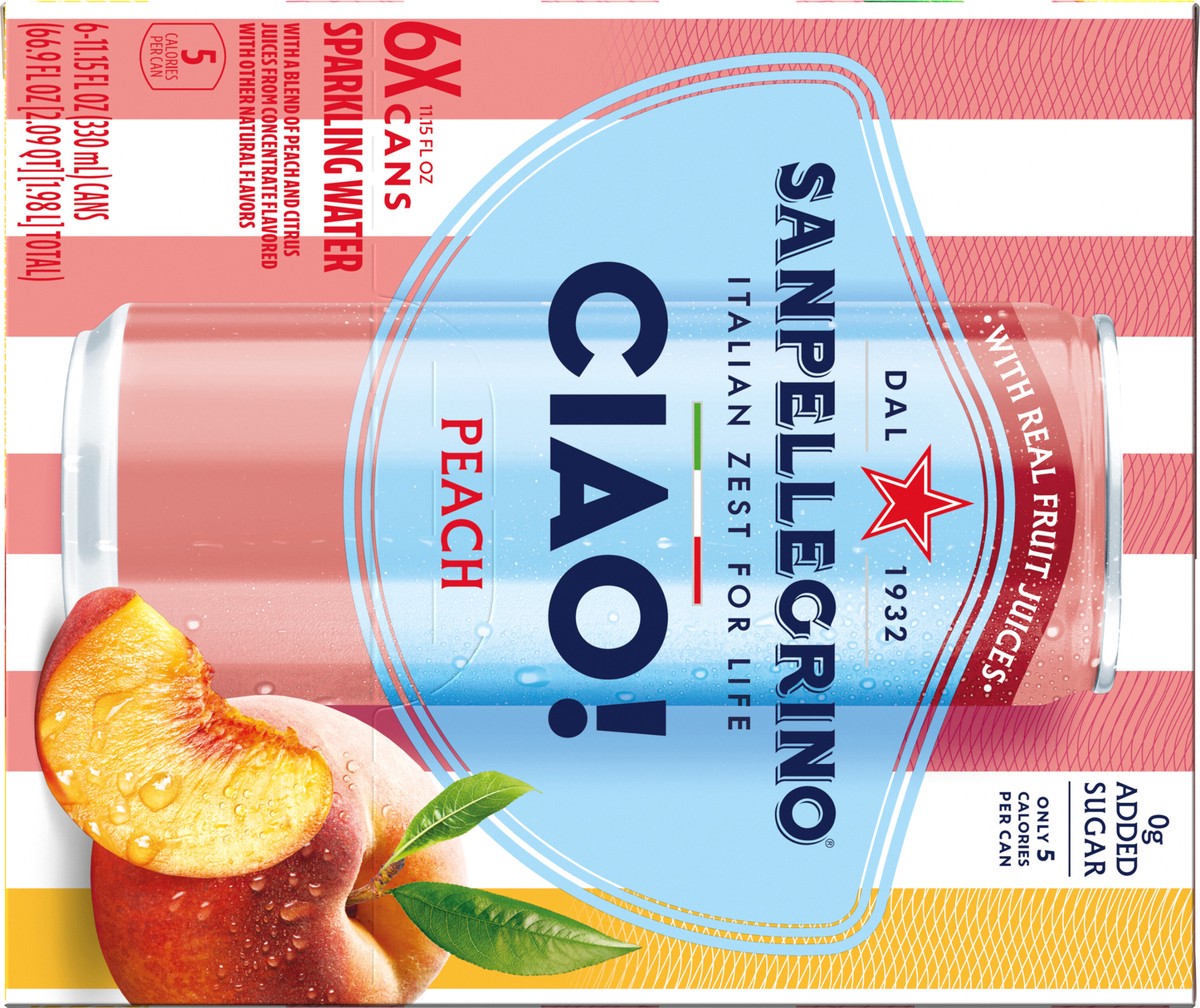 slide 10 of 12, San Pellegrino CIAO! Peach Sparkling Water, Low-Cal, 0g Added Sugar, 6-Pack, 6 ct; 11.1 oz