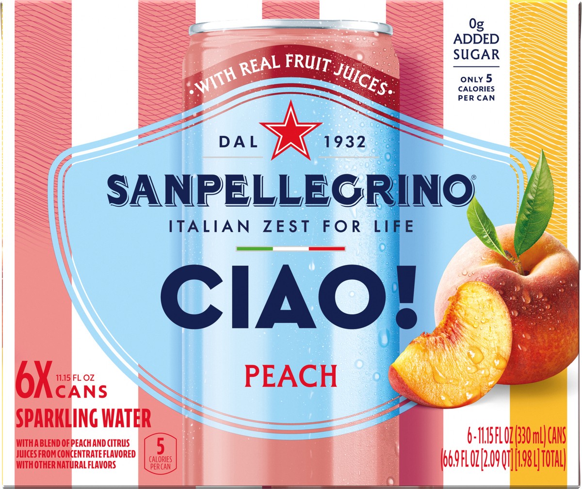 slide 3 of 12, San Pellegrino CIAO! Peach Sparkling Water, Low-Cal, 0g Added Sugar, 6-Pack, 6 ct; 11.1 oz
