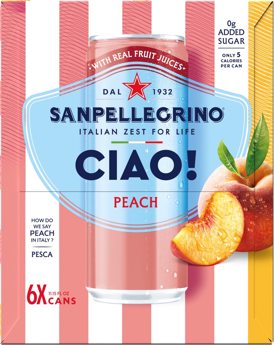 slide 11 of 12, San Pellegrino CIAO! Peach Sparkling Water, Low-Cal, 0g Added Sugar, 6-Pack, 6 ct; 11.1 oz