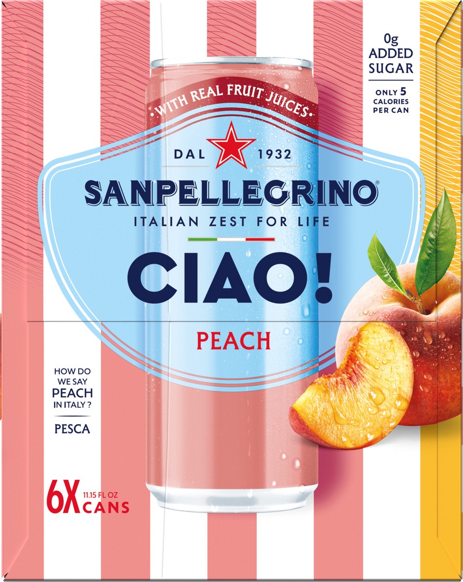 slide 2 of 12, San Pellegrino CIAO! Peach Sparkling Water, Low-Cal, 0g Added Sugar, 6-Pack, 6 ct; 11.1 oz