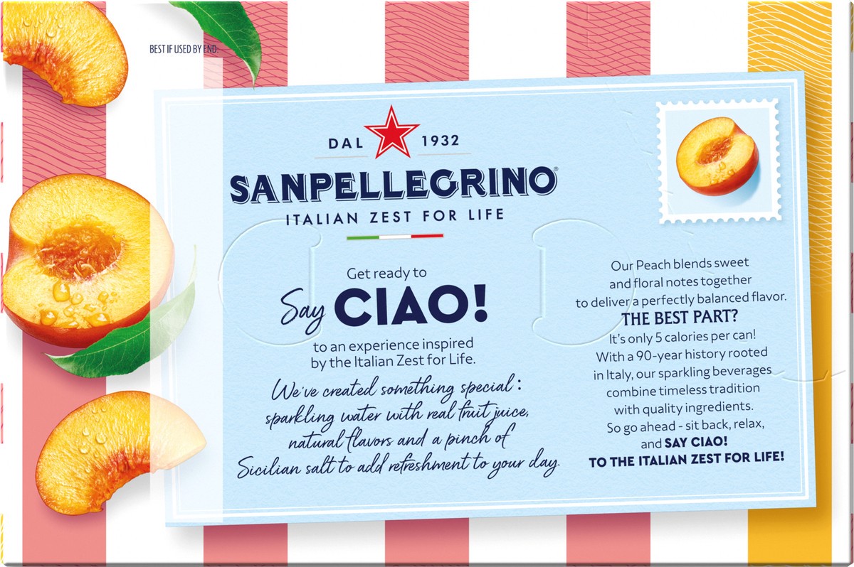 slide 4 of 12, San Pellegrino CIAO! Peach Sparkling Water, Low-Cal, 0g Added Sugar, 6-Pack, 6 ct; 11.1 oz