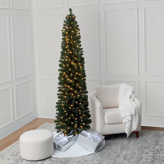 slide 1 of 8, 7ft. Pre-Lit Pencil Artificial Christmas Tree, Warm White Mini Led Lights By Ashland, 7 ft