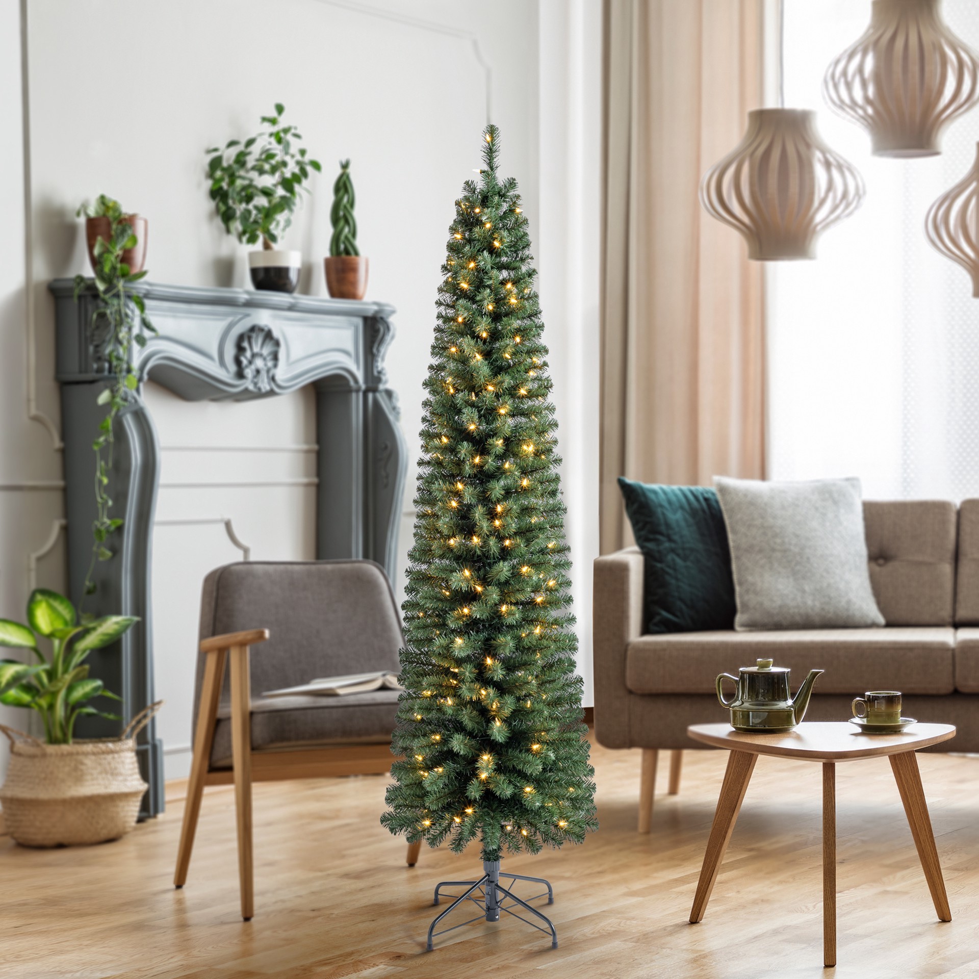 slide 4 of 8, 7ft. Pre-Lit Pencil Artificial Christmas Tree, Warm White Mini Led Lights By Ashland, 7 ft