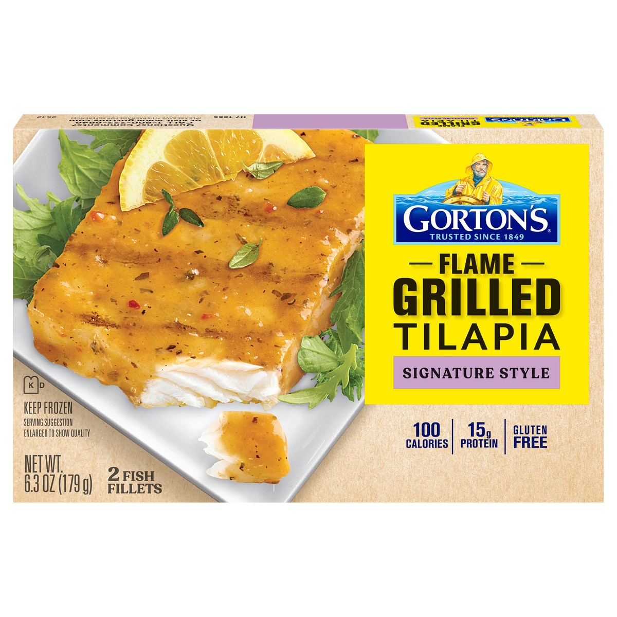 slide 1 of 9, Gorton's Gorton''s Flame Grilled Tilapia Fish Fillets, Signature Style, Tilapia, Frozen, 2 Count, 6.3 Ounce Package, 6.3 oz