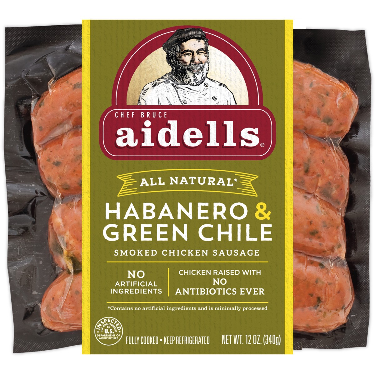 slide 1 of 6, Aidells Smoked Chicken Sausage, Habanero & Green Chile, 12 oz. (4 Fully Cooked Links), 12 oz