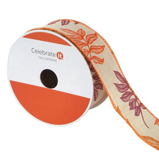 slide 1 of 3, 1.5" X 30ft. Purple & Orange Leaf Wired Ribbon By Celebrate It, 1.5 in x 30 ft