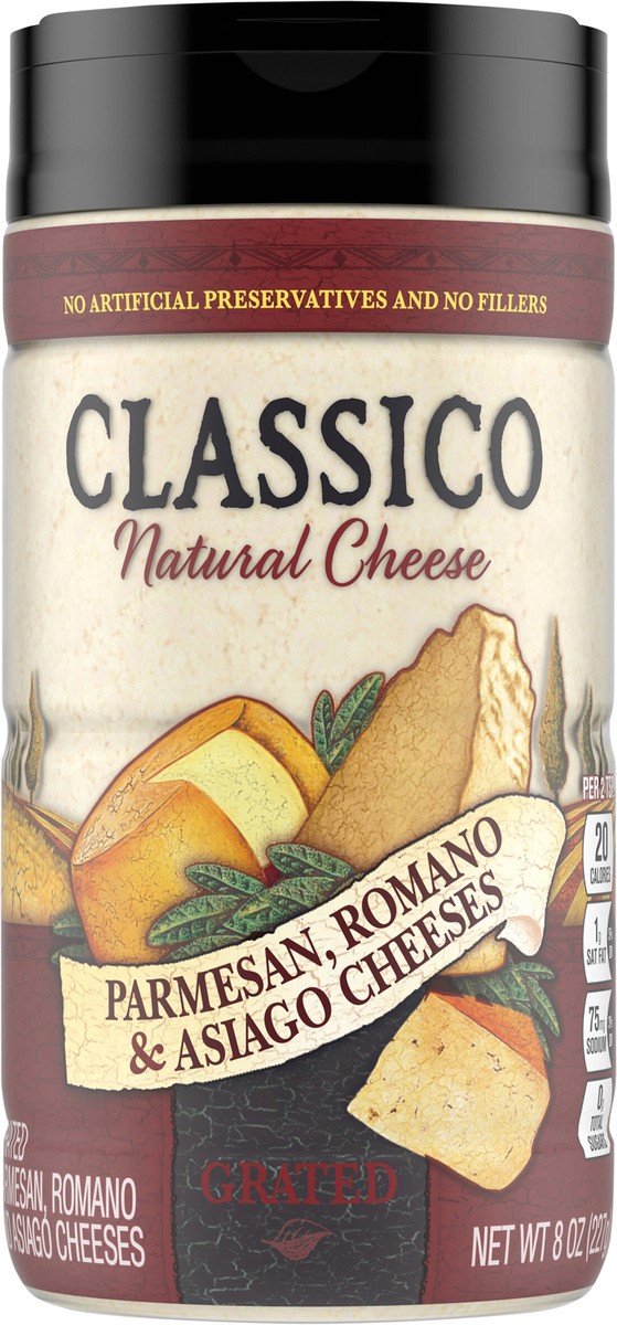 slide 2 of 13, Classico Parmesan, Romano & Asiago Grated Natural Cheese, 8 oz Shaker, 8 oz