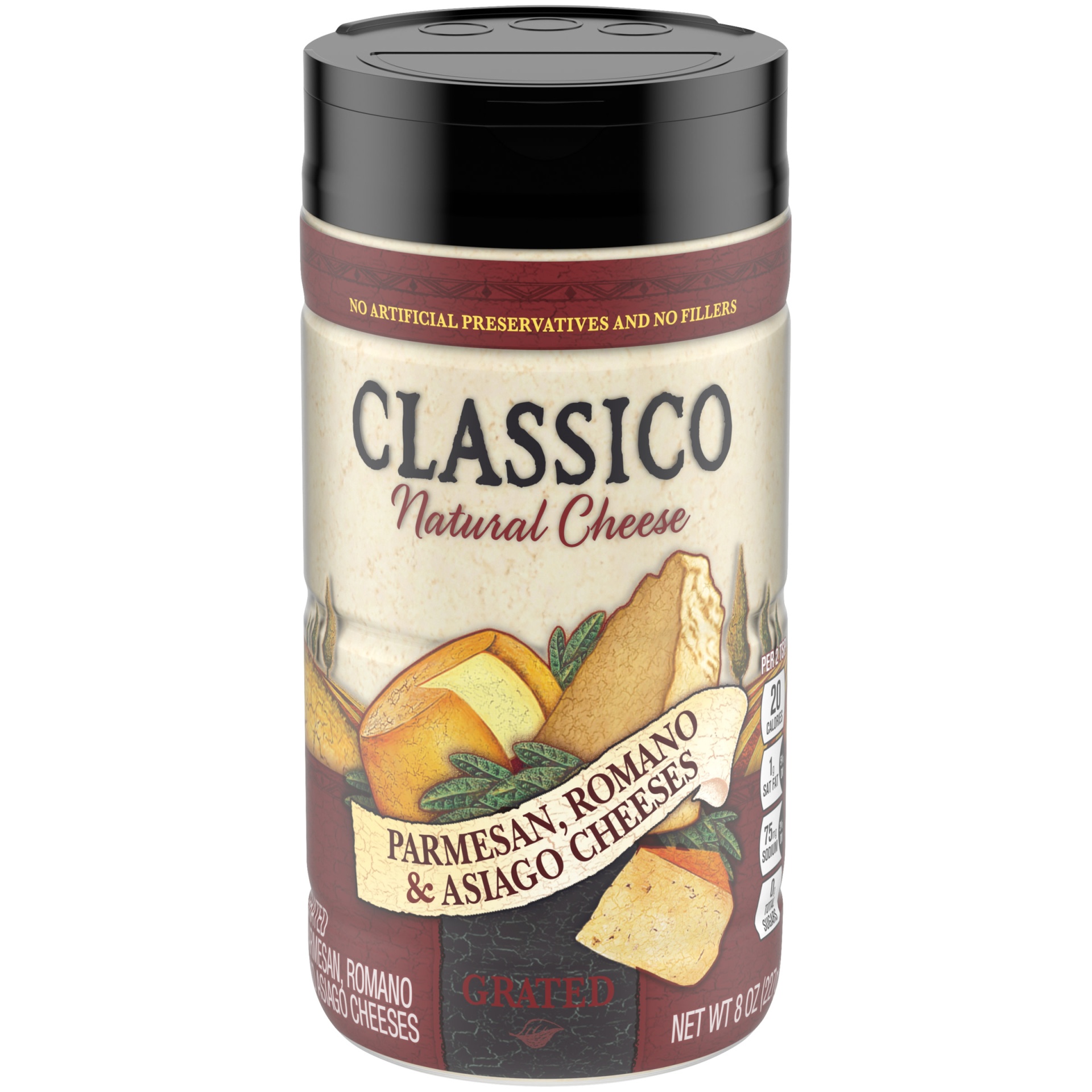 slide 1 of 6, Classico Parmesan, Romano & Asiago Grated Natural Cheese Shaker, 8 oz