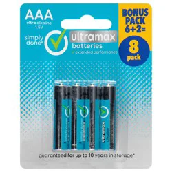 Simply Done 1.5V AAA Ultra Alkaline Ultramax Batteries, 8 ea