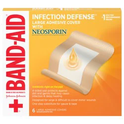 Band-Aid Brand Infection Defense Adhesive Wound Covers with Neosporin Antibiotic Ointment On The Pad for First Aid Wound Care, Bacitracin Zinc & Polymyxin B Sulfate, Sterile, Large, 6 ct